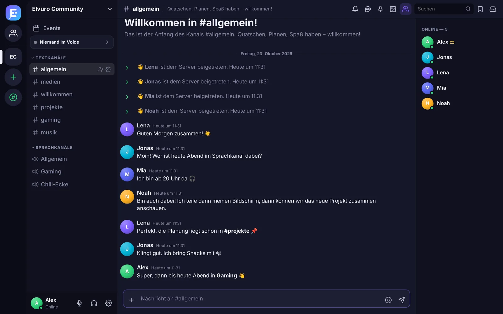 Screenshot der Elvuro-Webversion: ein Server mit Textkanälen, Sprachkanälen, Chatverlauf und Mitgliederliste